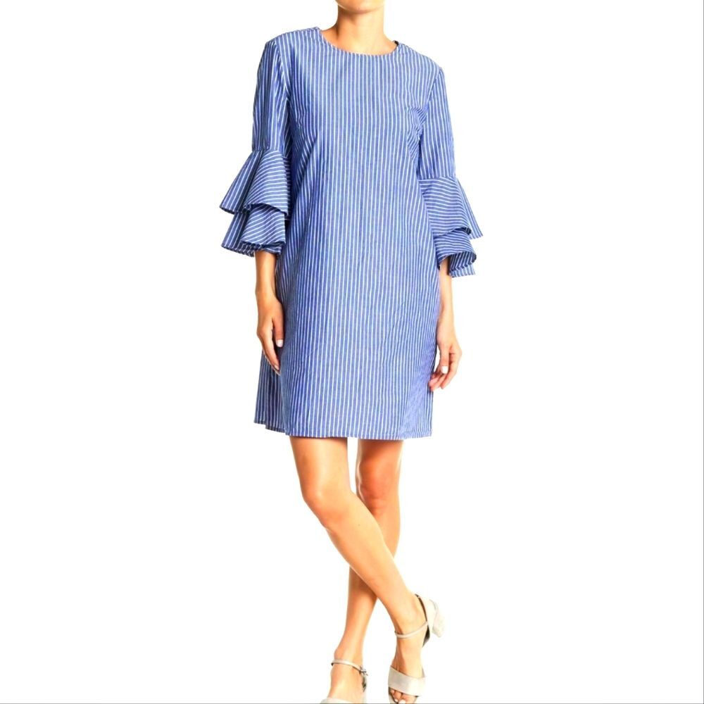 Beachlunchlounge 100% cotton blue white pinstripe mini dress, long slv S